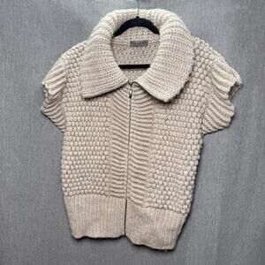 Elsamanda Women's M Full-Zip Short Sleeve Chunky Cable Knit Alpaca Blend Sweater